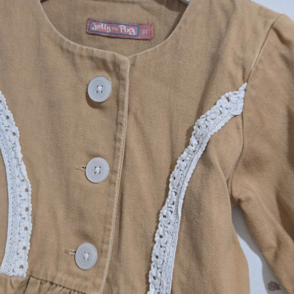 Jelly the Pug Girl's 3T‎ Tan Button Down Ruffle Peplum Long Sleeve Jacket - Picture 3 of 5